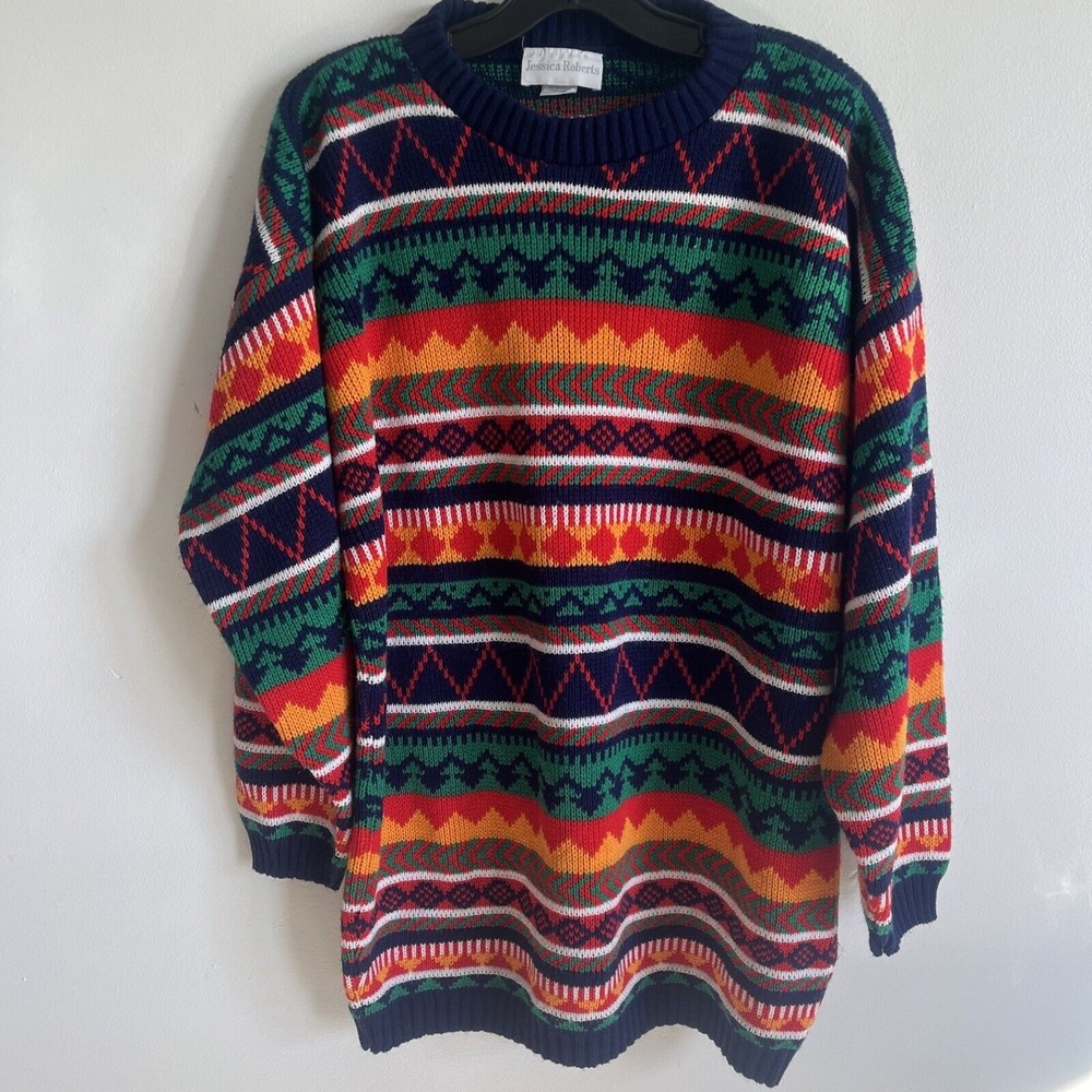 Vintage Jessica Roberts Sweater Colorful Striped Acrylic 80's Artsy Large